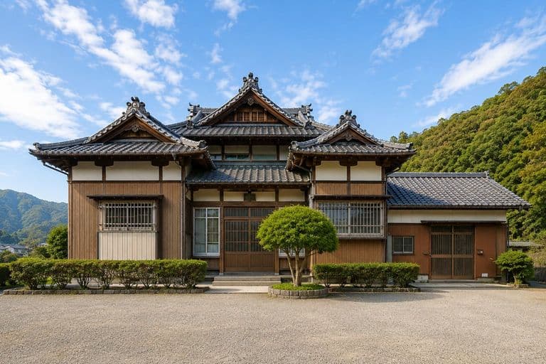 Front elevation of the traditional Japanese building proposed for the centre, showing its tiled gabled roofs, timber-framed windows and a clipped tree at the entrance.
