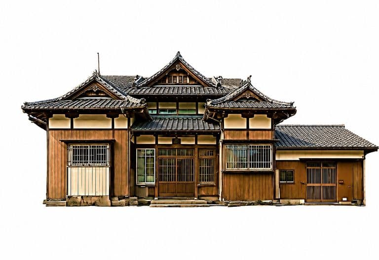 Cut-out elevation view of the building against a plain background, showing the full frontage including the adjoining outbuilding.