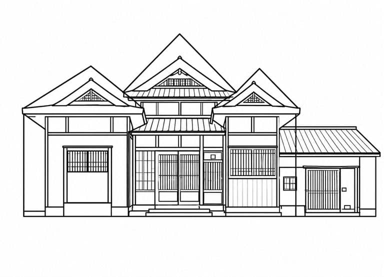 Line drawing of the building’s elevation, showing the layout of its gabled roofs, entrance and window bays.
